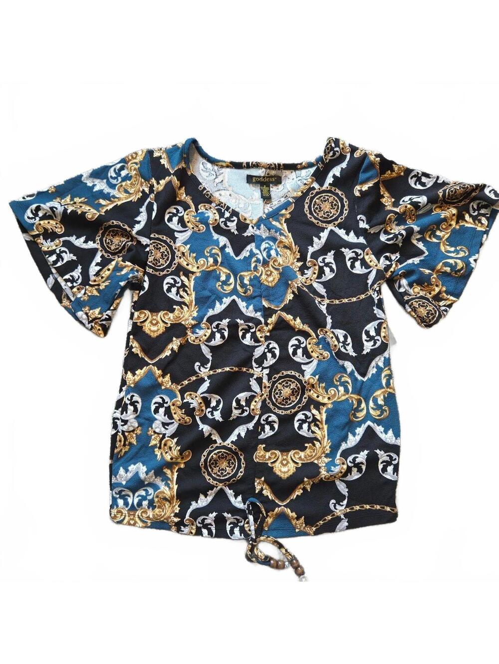 Goddess Women's Printed V-Neck Top with Bell Sleeves and Drawstring Hem, Size S
